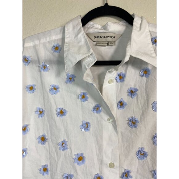 Dhruv Kapoor Anthropologie Button Up Top Women size XL White Blue 3D flower Boho - Picture 16 of 16